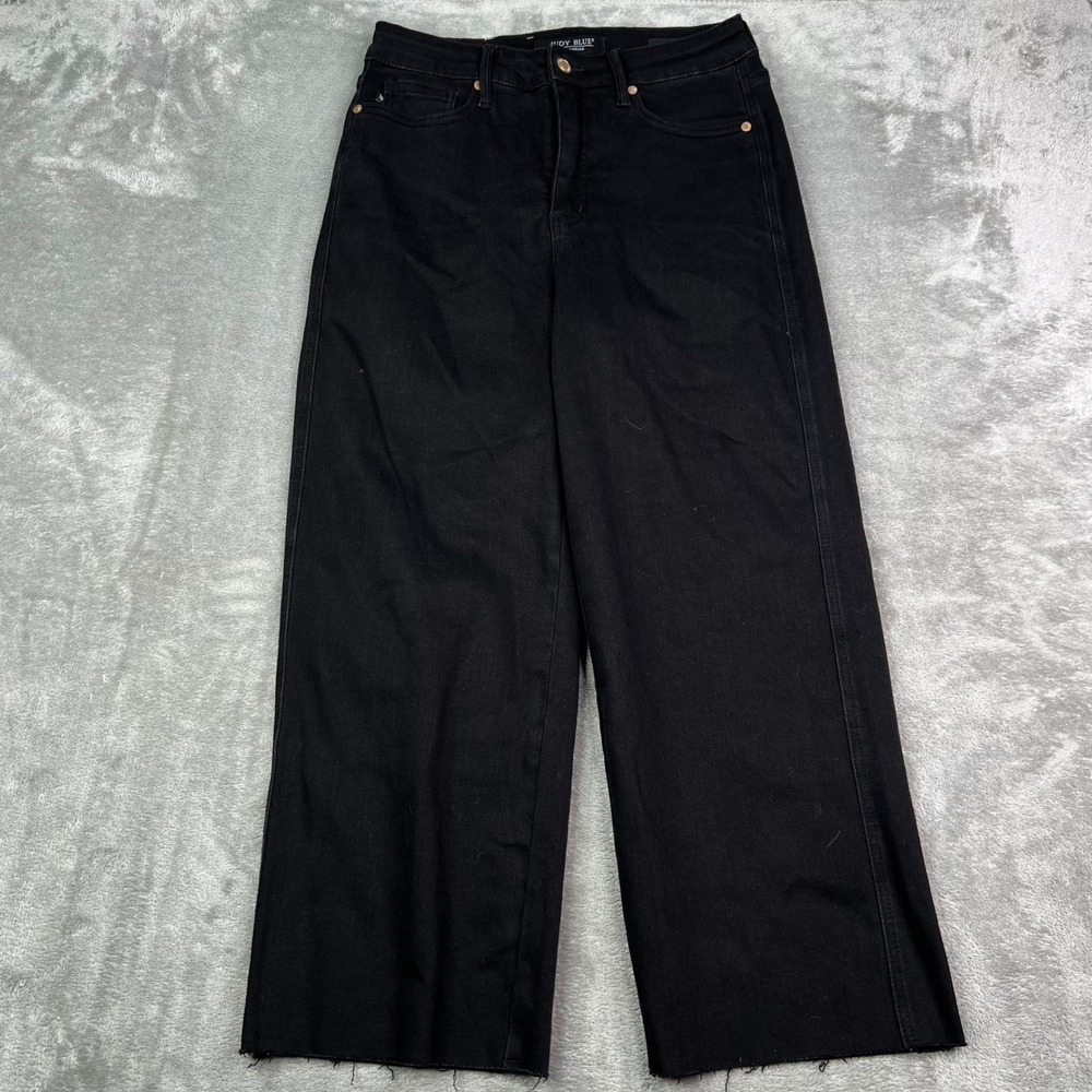 Judy Blue Wide Crop‎ Jeans Womens 9/29 Black Solid Stretch Raw Hem High Rise